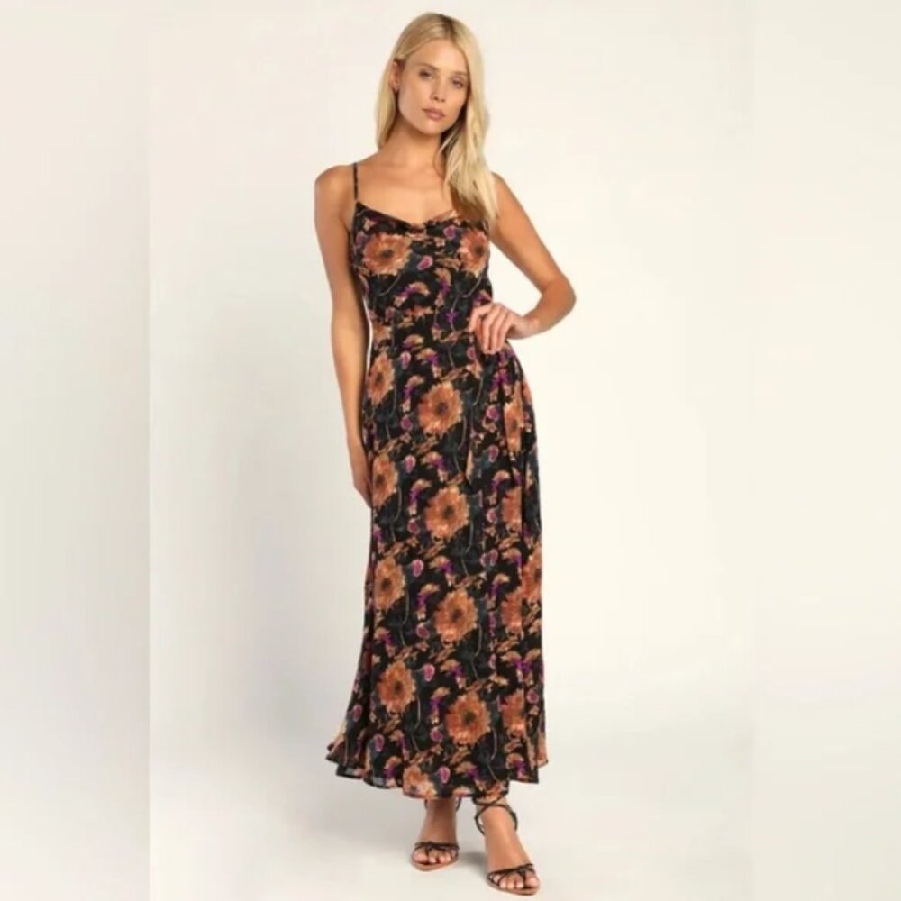 Lulus Dramatic Darling Black Floral Print Cowl Faux Wrap Maxi Dress XS - Picture 2 of 12